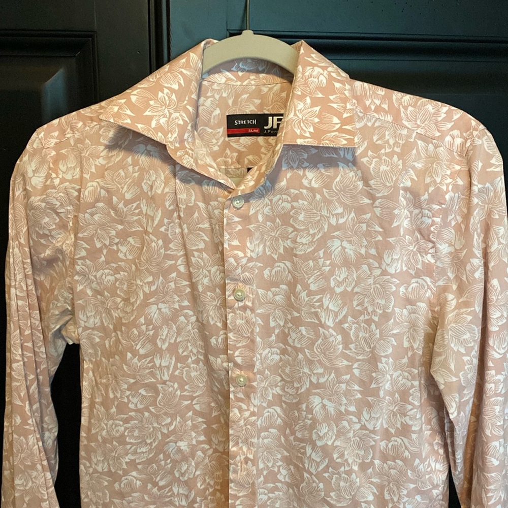 Pink Floral Slim Stretch Dress Shirt 14 14.5 32 33 Small Cotton Poly blend